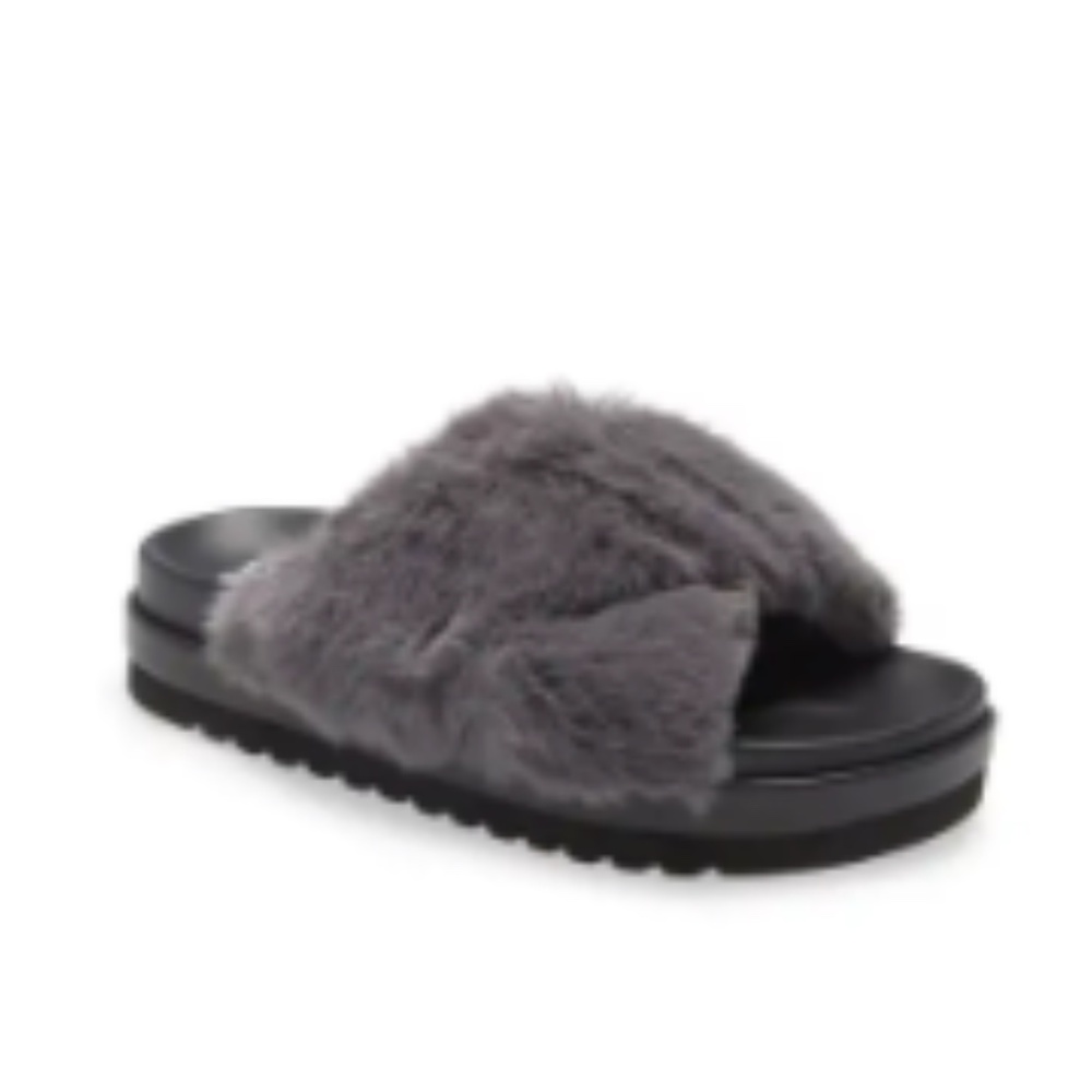 BP. Zoe Cross Band Faux Fur Slide Sandal (Slipper) Size 5